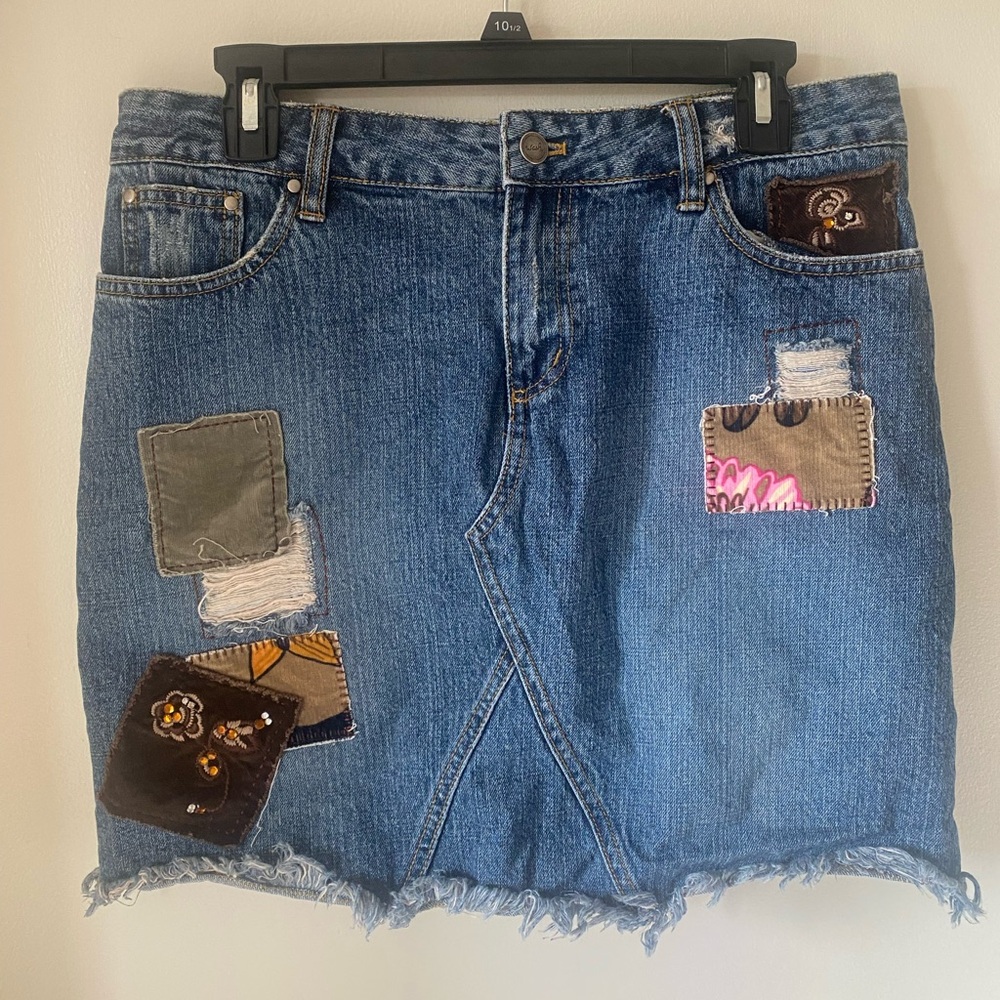 In the Wash Denim Distressed Patchwork Skirt